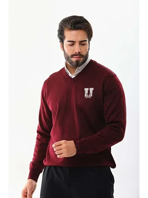 Erkek V Yaka Kazak Baskılı Dokuma Triko - Bordo