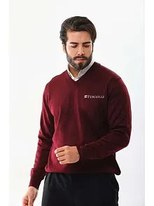 Erkek V Yaka Kazak Baskılı Dokuma Triko - Bordo