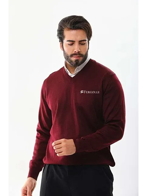 Erkek V Yaka Kazak Baskılı Dokuma Triko - Bordo