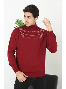 Erkek Yarım Bağazlı Kazak Baskılı Dokuma Triko - Bordo