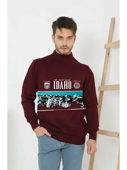 Erkek Yarım Bağazlı Kazak Baskılı Dokuma Triko - Bordo