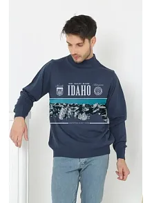 Erkek Yarım Bağazlı Kazak Baskılı Dokuma Triko - Indigo