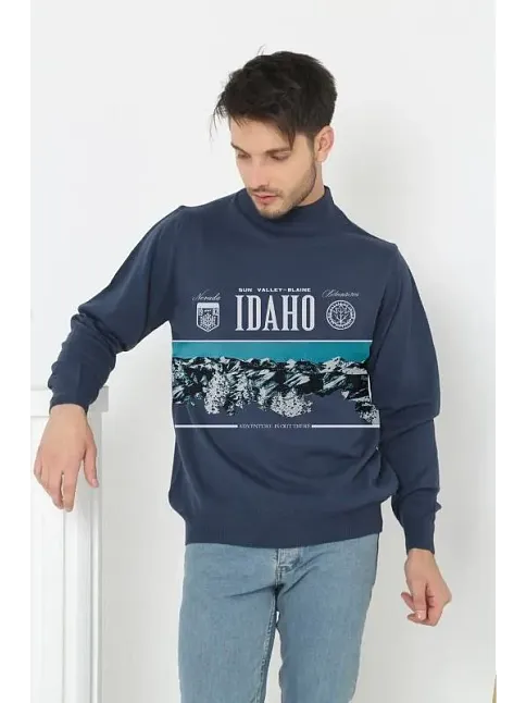 Erkek Yarım Bağazlı Kazak Baskılı Dokuma Triko - Indigo
