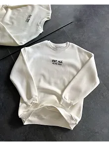 Kadın Bisiklet Yaka 3 İplik Baskılı Oversize Sweatshirt - Beyaz