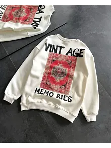 Kadın Bisiklet Yaka 3 İplik Baskılı Oversize Sweatshirt - Beyaz