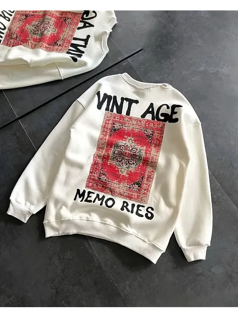 Kadın Bisiklet Yaka 3 İplik Baskılı Oversize Sweatshirt - Beyaz
