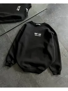 Kadın Bisiklet Yaka 3 İplik Pamuklu Baskılı Oversize Sweatshirt - Siyah