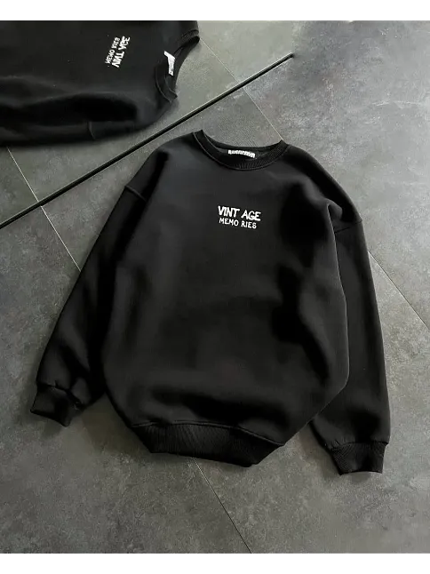 Kadın Bisiklet Yaka 3 İplik Pamuklu Baskılı Oversize Sweatshirt - Siyah