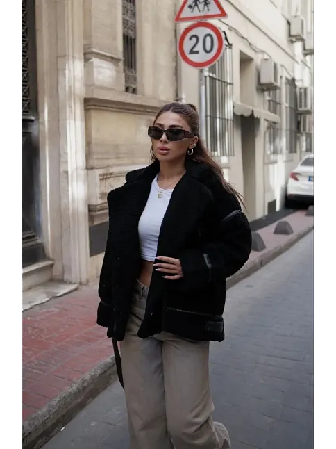 Kadın Cıt Cıt Detaylı Peluş Şık Mont Ceket - Siyah
