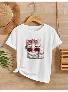 Kız Çocuk Bisiklet Yaka Baskılı T-shirt - Beyaz