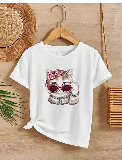 Kız Çocuk Bisiklet Yaka Baskılı T-shirt - Beyaz