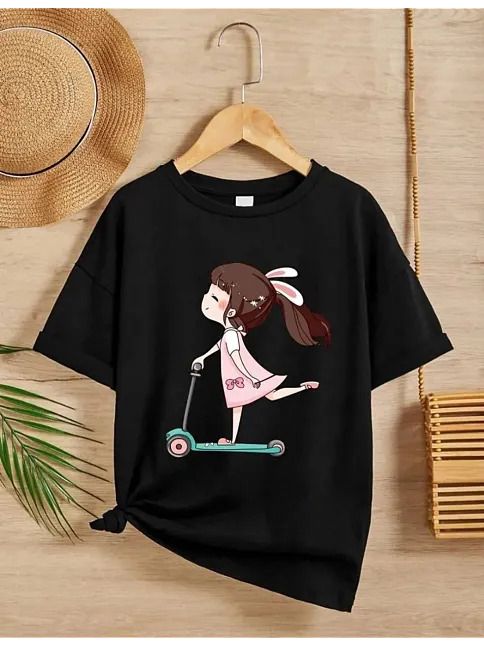 Kız Çocuk Bisiklet Yaka Baskılı T-shirt - Siyah