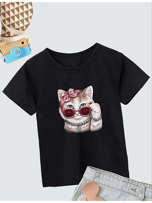 Kız Çocuk Bisiklet Yaka Baskılı T-shirt - Siyah