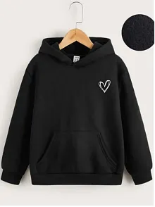Çocuk Unisex Kapüşonlu Çizgi Kalp Baskılı Sweatshirt - Siyah