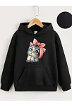 Çocuk Unisex Kapüşonlu Tatlı Kedi Baskılı Sweatshirt - Siyah