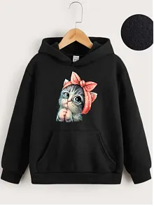 Çocuk Unisex Kapüşonlu Tatlı Kedi Baskılı Sweatshirt - Siyah