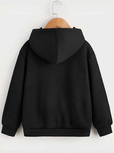 Çocuk Unisex Kapüşonlu Tatlı Kedi Baskılı Sweatshirt - Siyah