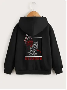 Çocuk Unisex Kapüşonlu Ön Ve Arka Blessed Baskılı Sweatshirt - Siyah