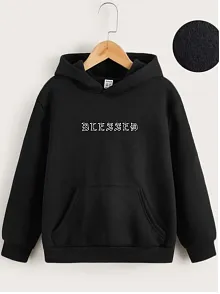 Çocuk Unisex Kapüşonlu Ön Ve Arka Blessed Baskılı Sweatshirt - Siyah