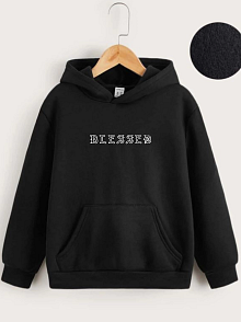 Çocuk Unisex Kapüşonlu Ön Ve Arka Blessed Baskılı Sweatshirt - Siyah