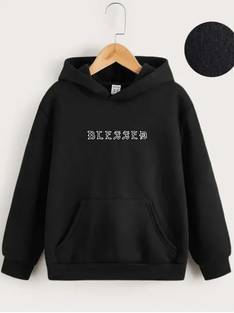 Çocuk Unisex Kapüşonlu Ön Ve Arka Blessed Baskılı Sweatshirt - Siyah