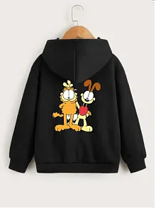 Çocuk Unisex Kapüşonlu Ön Ve Arka Garfield Baskılı Sweatshirt - Siyah