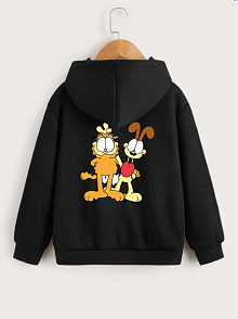 Çocuk Unisex Kapüşonlu Ön Ve Arka Garfield Baskılı Sweatshirt - Siyah