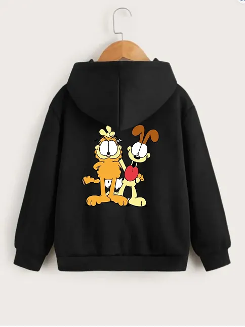 Çocuk Unisex Kapüşonlu Ön Ve Arka Garfield Baskılı Sweatshirt - Siyah