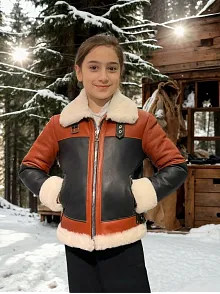 Çocuk Premium Doğal Yakalı Parçalı Kürk - Kiremit