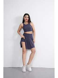 Sendy Kumaş Bisiklet Yaka Crop Şortlu Etek İkili Takım - Antrasit