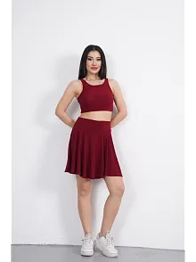 Sendy Kumaş Bisiklet Yaka Crop Şortlu Etek İkili Takım - Bordo