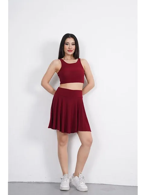 Sendy Kumaş Bisiklet Yaka Crop Şortlu Etek İkili Takım - Bordo