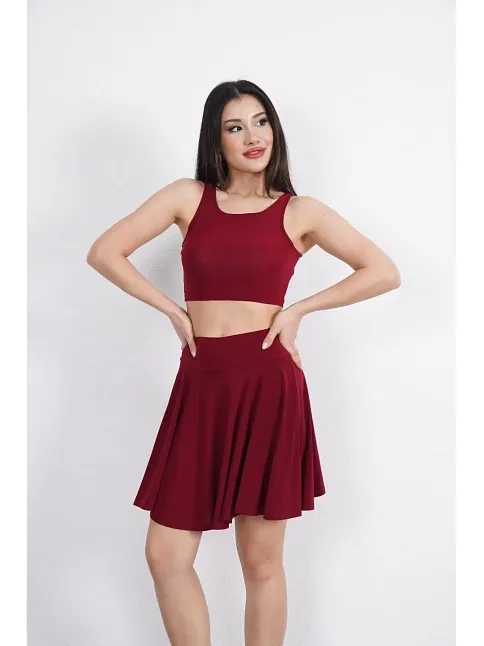 Sendy Kumaş Bisiklet Yaka Crop Şortlu Etek İkili Takım - Bordo