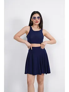 Sendy Kumaş Bisiklet Yaka Crop Şortlu Etek İkili Takım - Lacivert