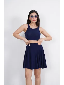 Sendy Kumaş Bisiklet Yaka Crop Şortlu Etek İkili Takım - Lacivert