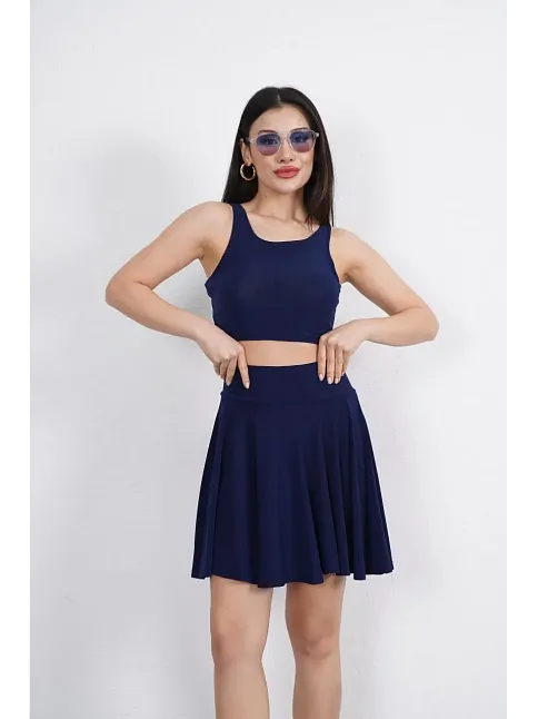 Sendy Kumaş Bisiklet Yaka Crop Şortlu Etek İkili Takım - Lacivert