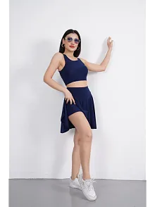 Sendy Kumaş Bisiklet Yaka Crop Şortlu Etek İkili Takım - Lacivert