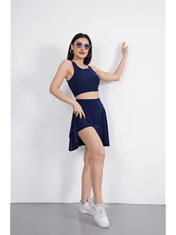 Sendy Kumaş Bisiklet Yaka Crop Şortlu Etek İkili Takım - Lacivert