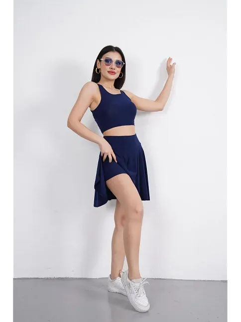 Sendy Kumaş Bisiklet Yaka Crop Şortlu Etek İkili Takım - Lacivert