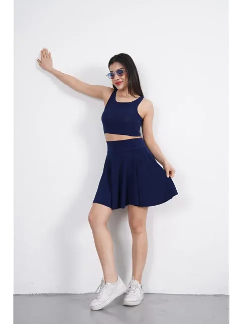 Sendy Kumaş Bisiklet Yaka Crop Şortlu Etek İkili Takım - Lacivert