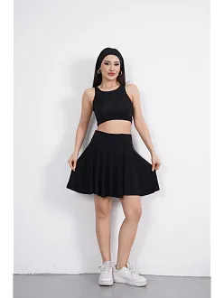 Sendy Kumaş Bisiklet Yaka Crop Şortlu Etek İkili Takım - Siyah