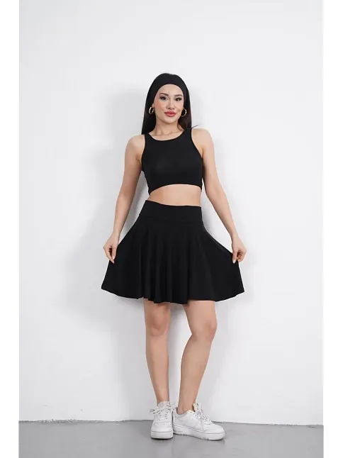 Sendy Kumaş Bisiklet Yaka Crop Şortlu Etek İkili Takım - Siyah