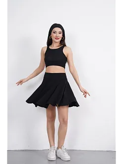 Sendy Kumaş Bisiklet Yaka Crop Şortlu Etek İkili Takım - Siyah