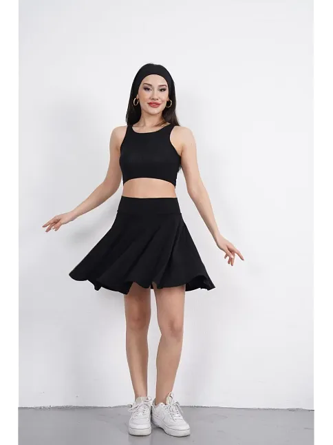 Sendy Kumaş Bisiklet Yaka Crop Şortlu Etek İkili Takım - Siyah