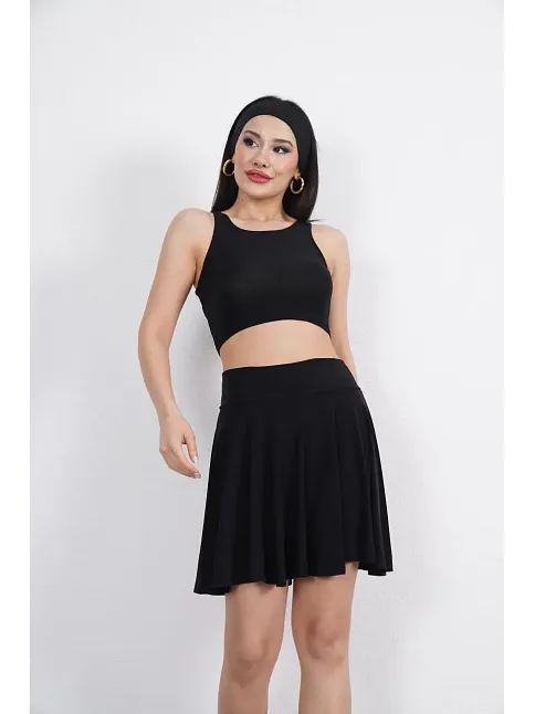 Sendy Kumaş Bisiklet Yaka Crop Şortlu Etek İkili Takım - Siyah