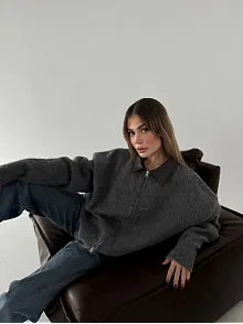 Kadın Deri Yakalı Pamuk Dokulu Çift Taraflı Çalışan Fermuar Ceket - Füme