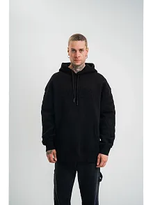 Erkek 3 İplik Pamuklu Oversize Kapüşonlu Nakışlı Hoodie Sweatshirt - Siyah