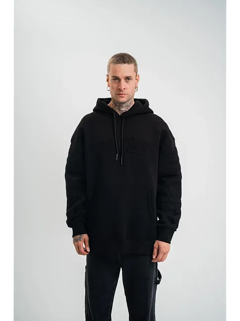 Erkek 3 İplik Pamuklu Oversize Kapüşonlu Nakışlı Hoodie Sweatshirt - Siyah