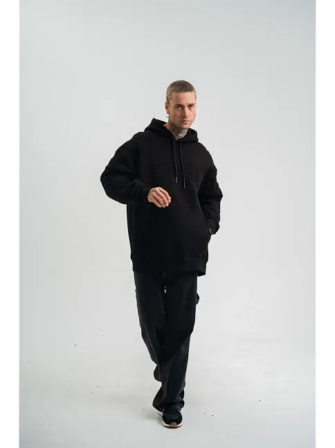 Erkek 3 İplik Pamuklu Oversize Kapüşonlu Nakışlı Hoodie Sweatshirt - Siyah