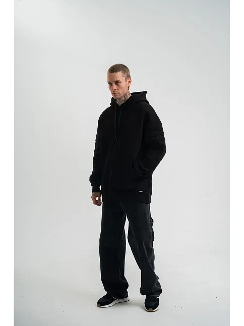 Erkek 3 İplik Pamuklu Oversize Kapüşonlu Nakışlı Hoodie Sweatshirt - Siyah